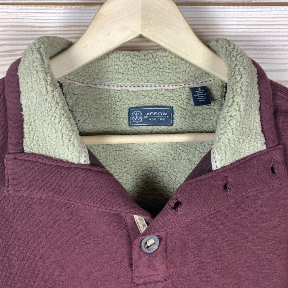 Arrow Sweater Men Medium Henley Button Sherpa Collar Fleece Soft Pullover Maroon
